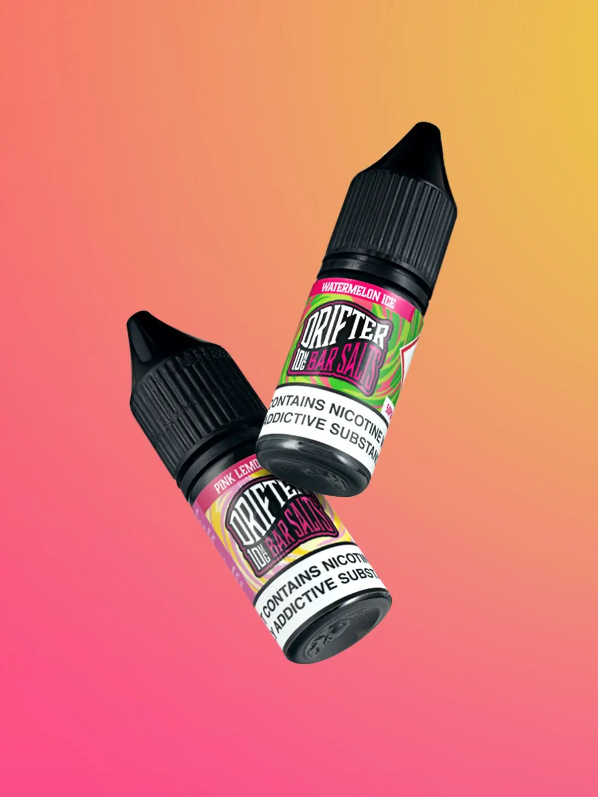 Two bottles of Drifter e-liquid floating in front of a pink and orange background