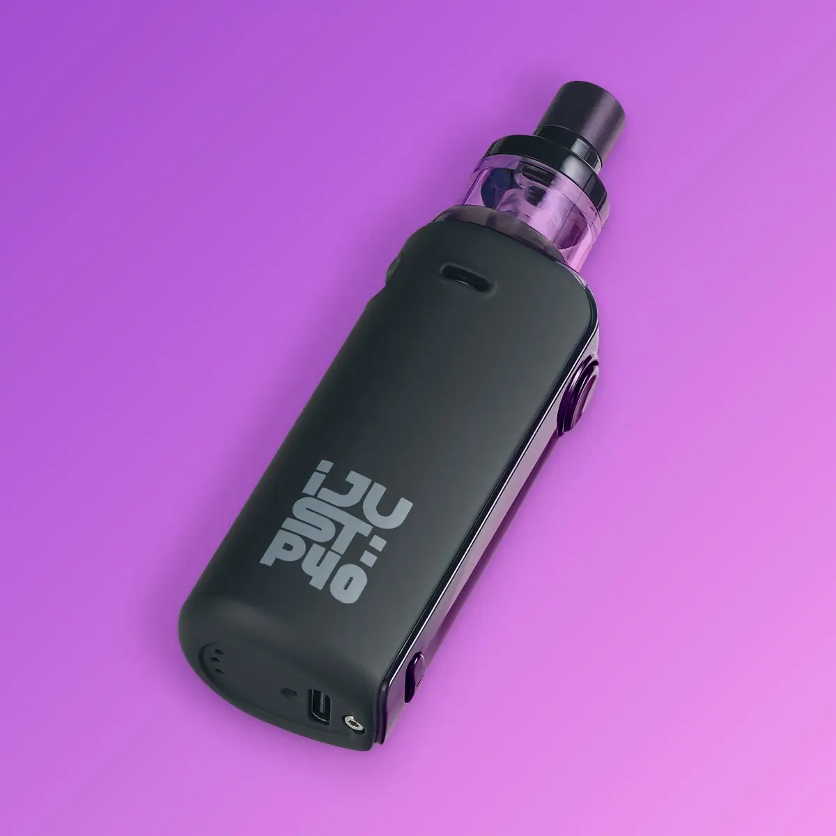 Eleaf's iJust P40 sub ohm kit in front of a purple and pink background