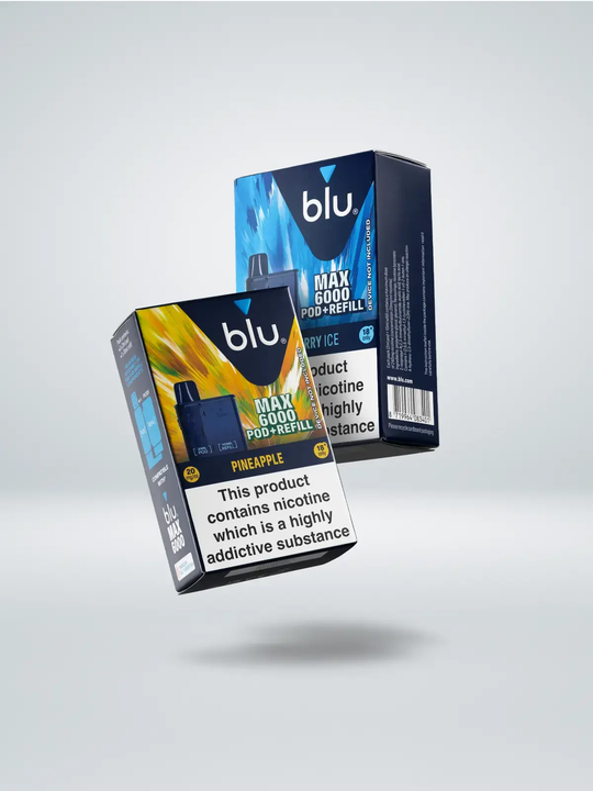 Two packs of BLU MAX 6000 Pods floating side by side on a white background