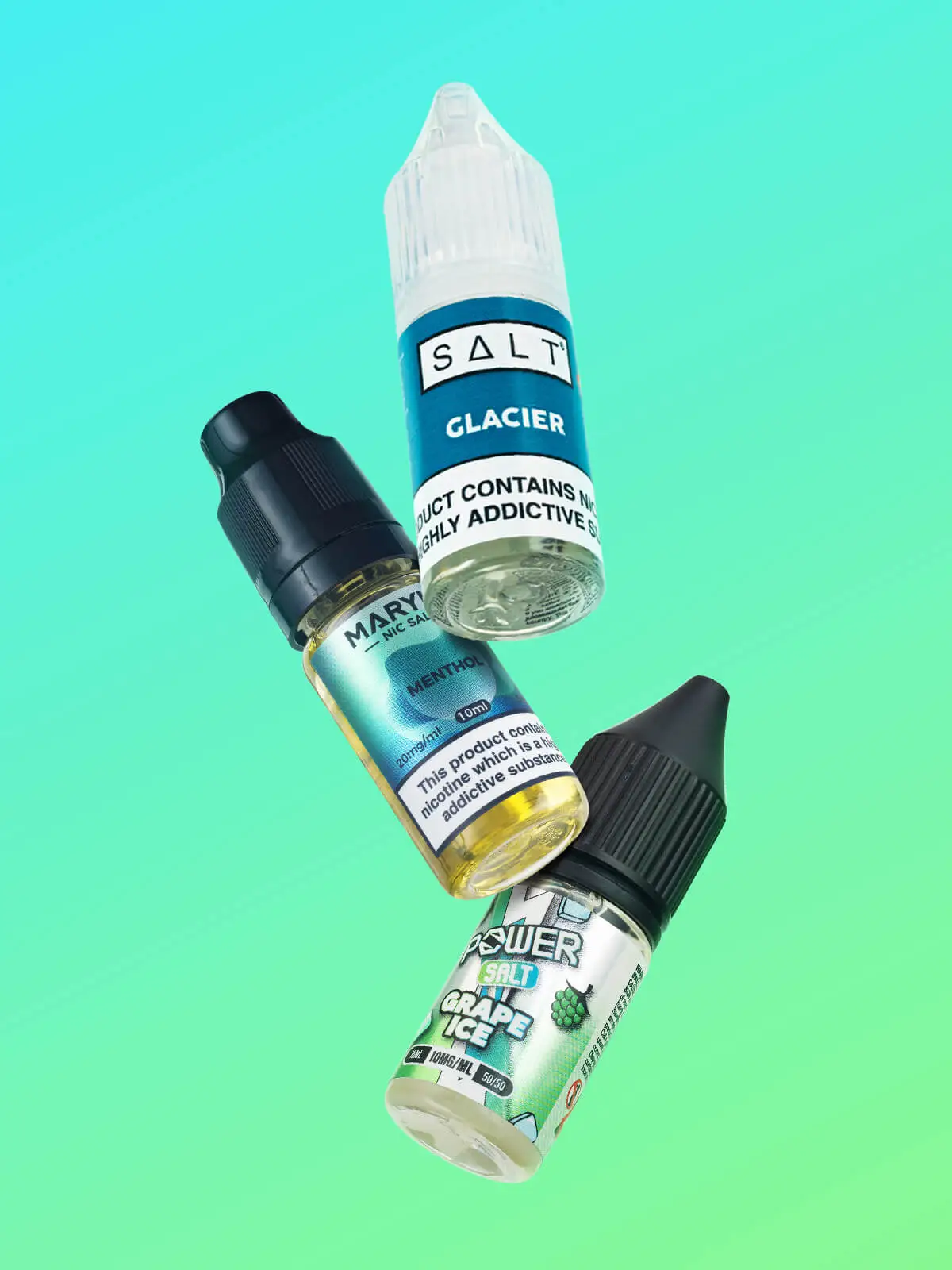 Floating bottles of e-liquid featuring SALT Glacier, Maryliq Menthol and Power Salt Grape Ice, in front of a green/blue background
