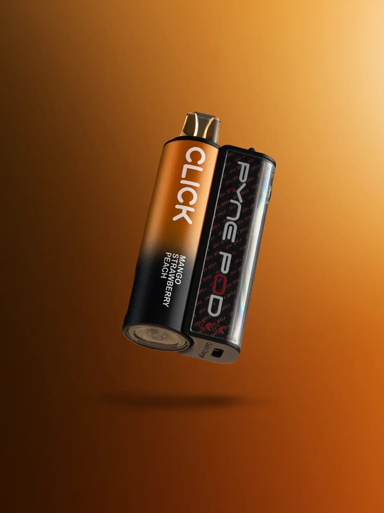 An orange Pod Salt Pyne Pod Click 50k kit floating on a brown-orange background