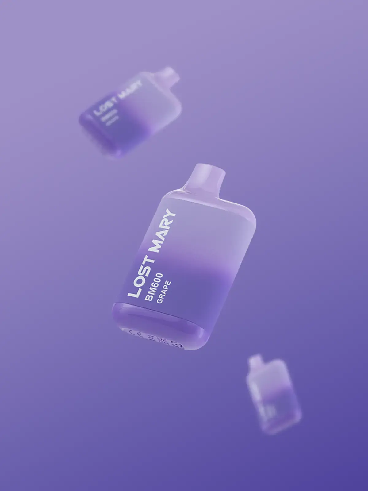 Three Lost Mary disposable vapes in Grape flavour, floating in front of a purple background