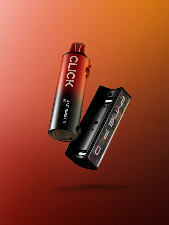 A red Pyne Pod Click 50k pod floating next to the Click 50k battery, on a red-orange background.