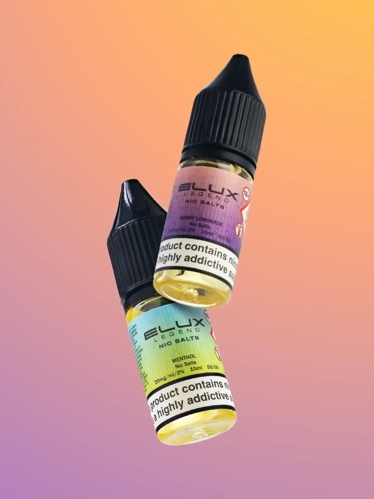Two bottles of ELUX E-liquid; Berry Lemonade and Menthol nic salts, floating in front of a purple and orange background