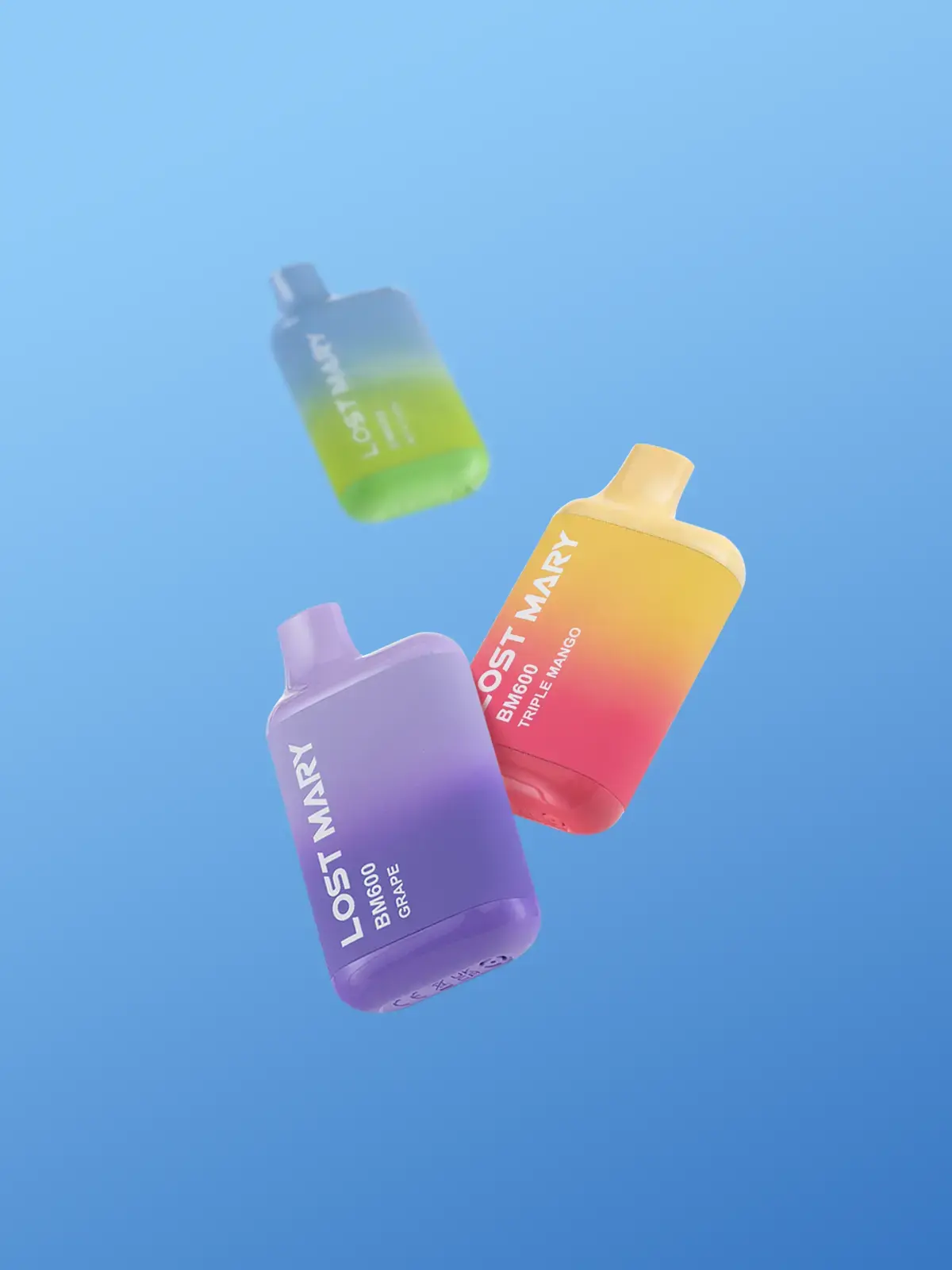 Three Lost Mary BM600 disposables; Grape, Triple Mango and Menthol, floating in front of a blue background