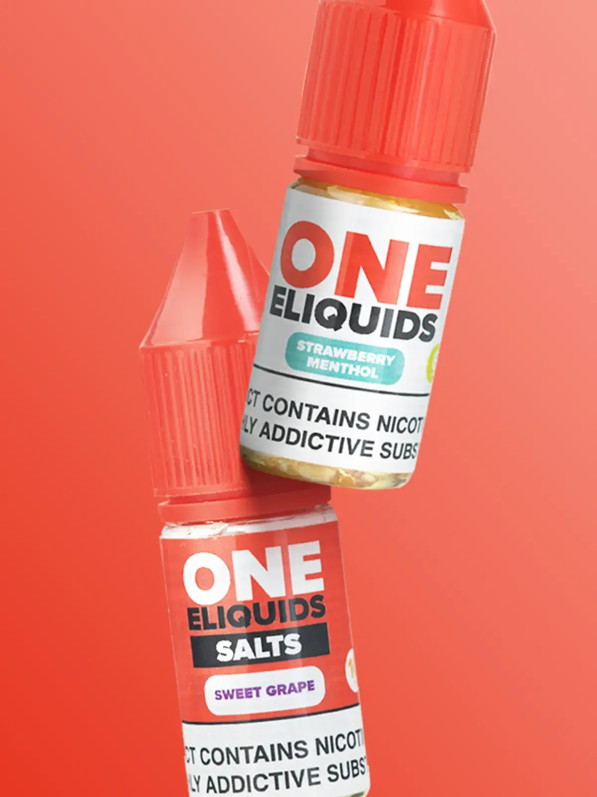 Two bottles of One E-Liquids; Strawberry Menthol and Sweet Grape flavours, floating in front of a red background