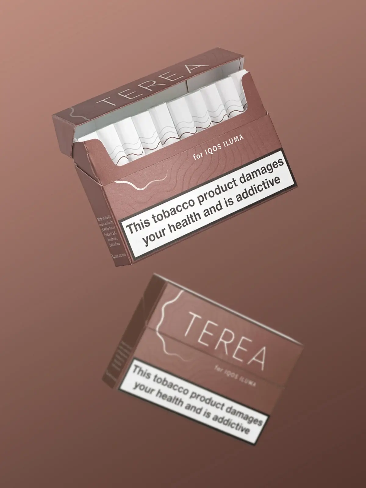 Two packs of IQOS TEREA Teak tobacco sticks floating in front of a brown background