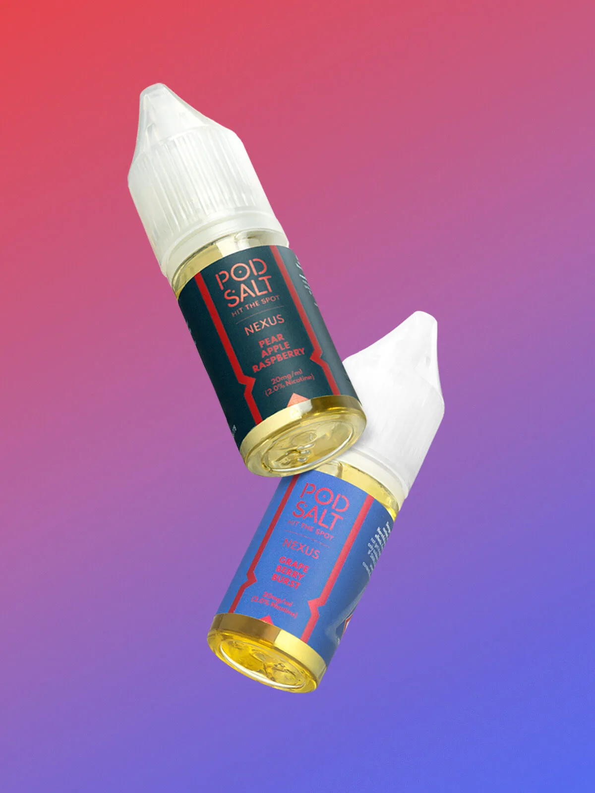 Two bottles of Pod Salt Nexus e-liquid in front of a pink and purple background