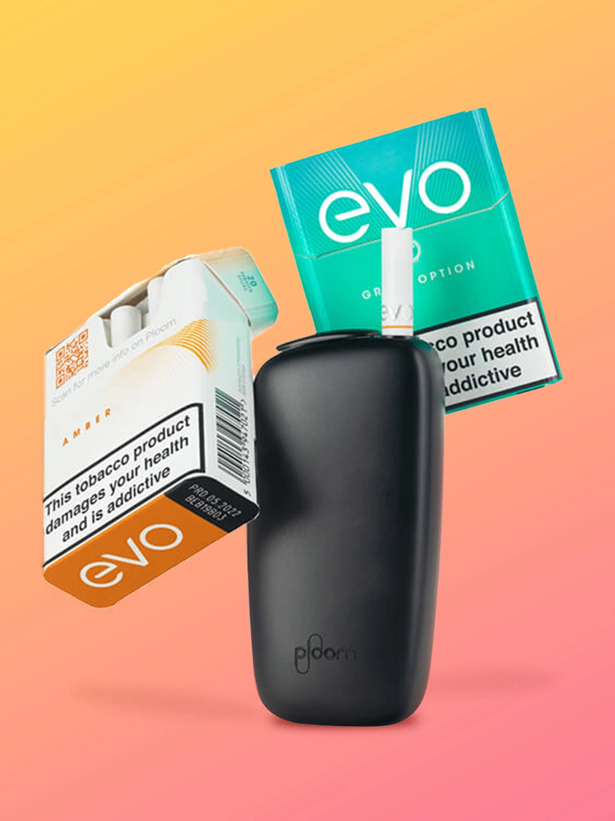 Ploom device and two packs of EVO Sticks; Amber and Green Option in front of an orange and pink background