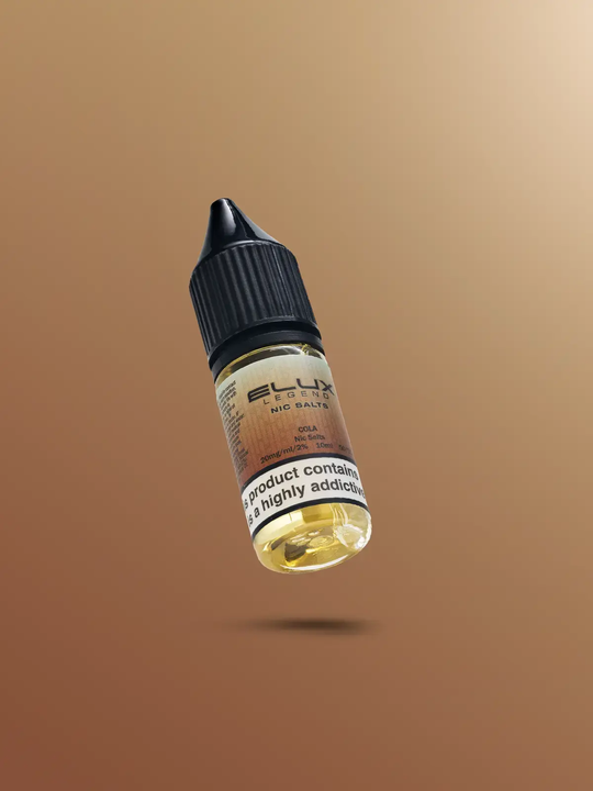 An Elux Legend nic salt e-liquid bottle, in the flavour Cola, floating on a brown background