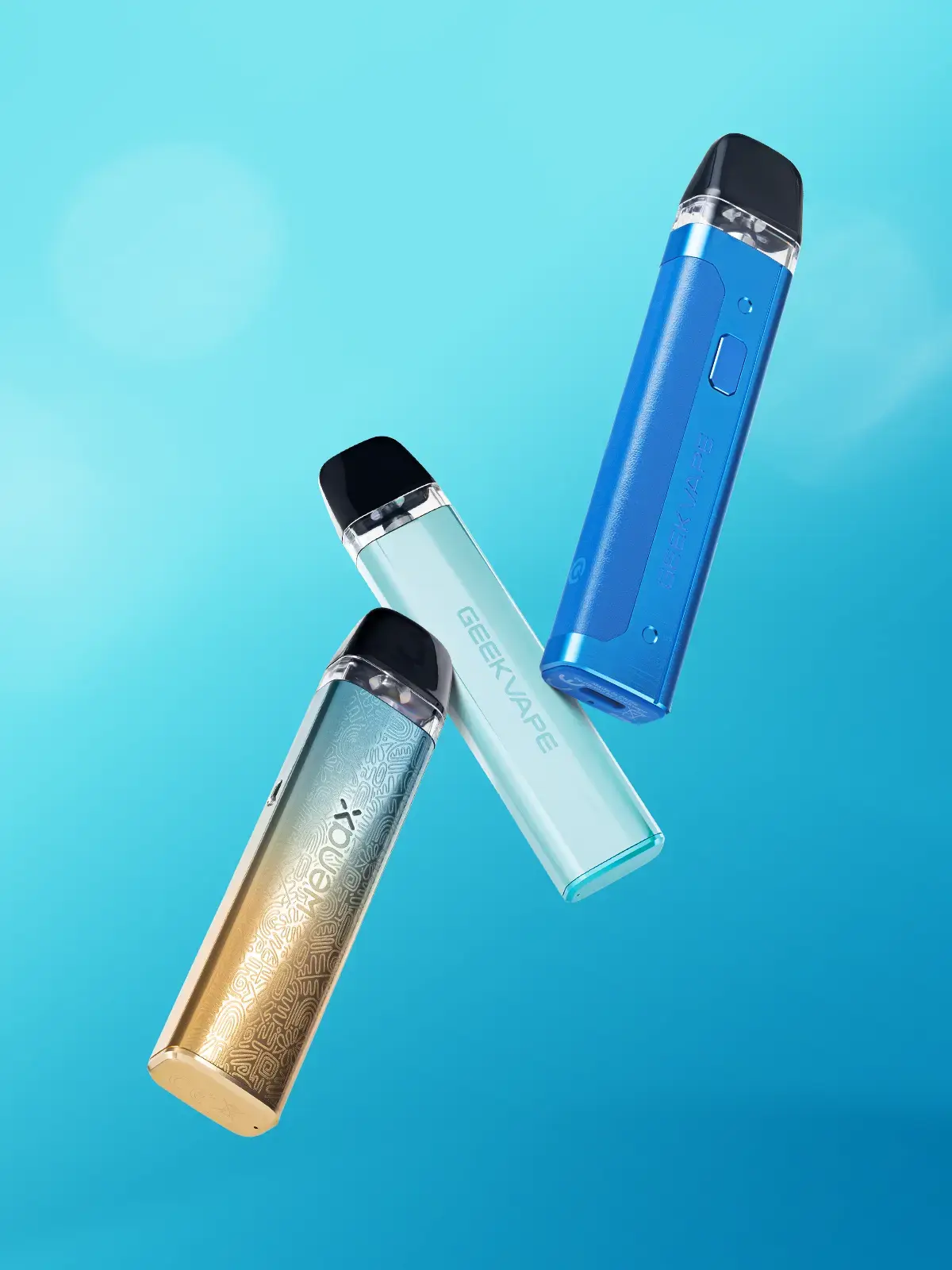 Three Geekvape devices; Wenax Q Mini, Sonder Q and Aegis Q floating in front of a blue background