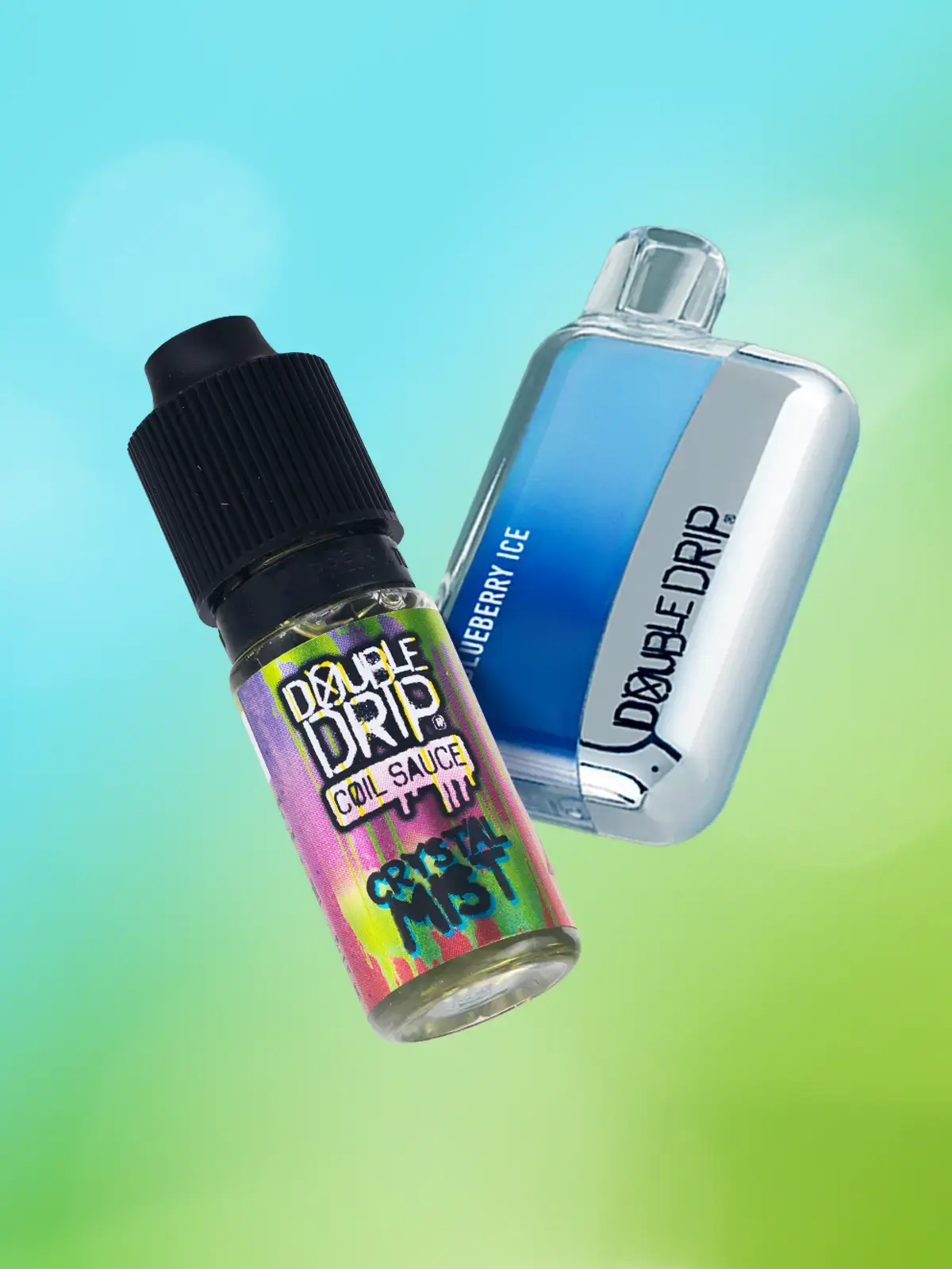 A Double Drop e-liquid in Crystal Mist flavour and a Blueberry Ice disposable, floating in front of a blue and green background