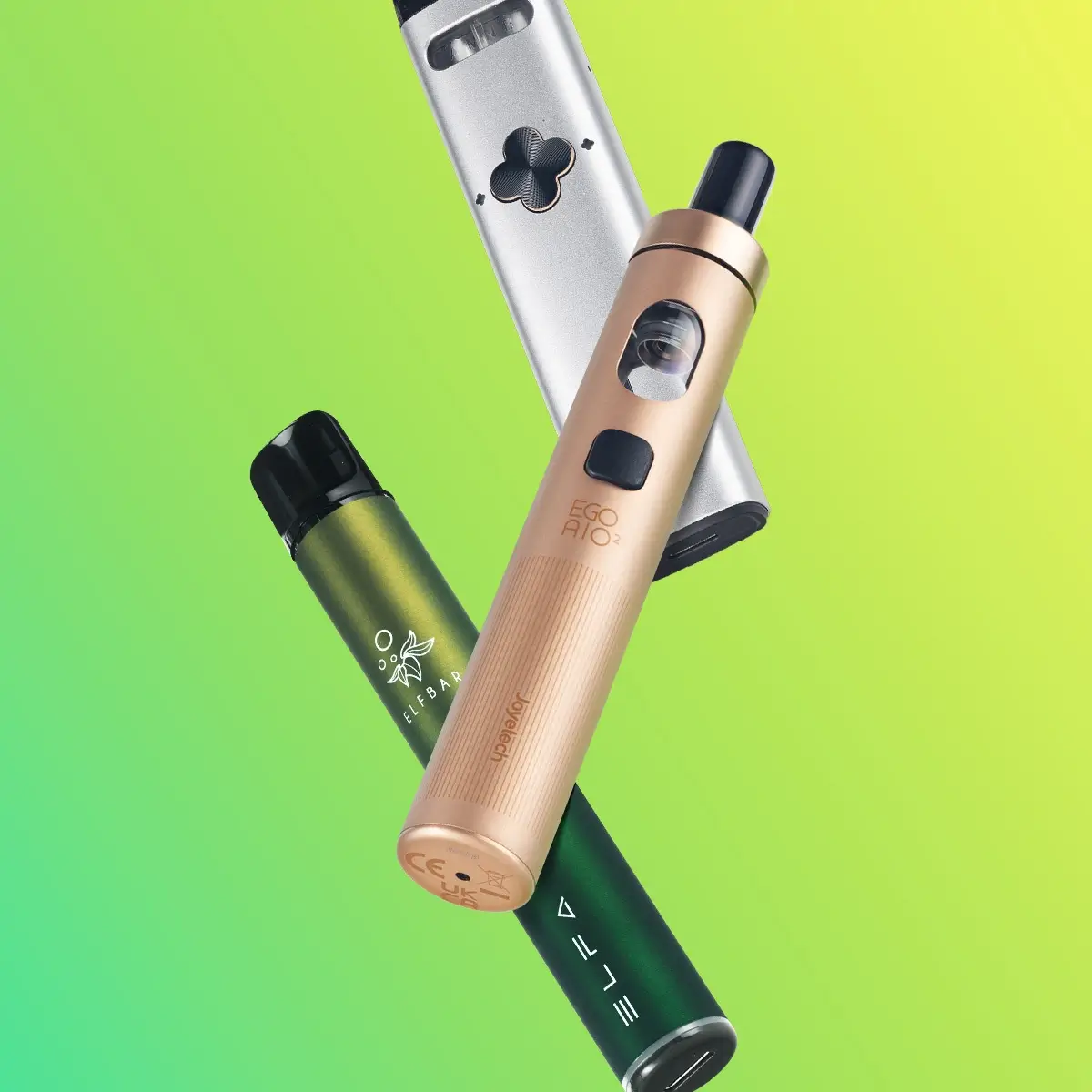 Three vape pens; Elf Bar's ELFA Pro, Joyetech's EGO AIO 2 and UWELL's Caliburn Explorer, floating in front of a green background