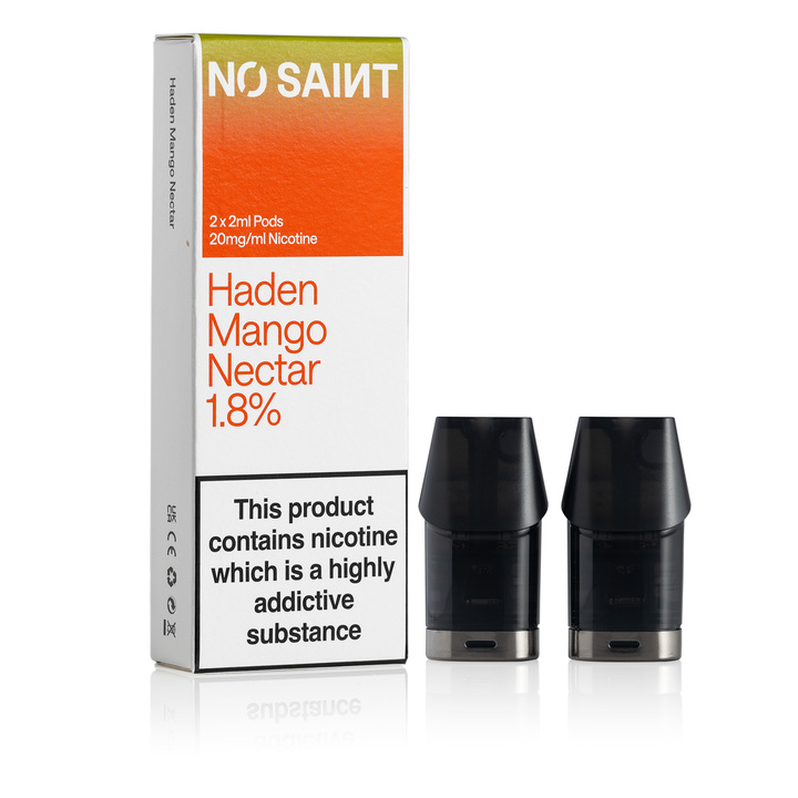 NO SAINT Haden Mango Nectar pod packaging, with its two pods standing next to it.