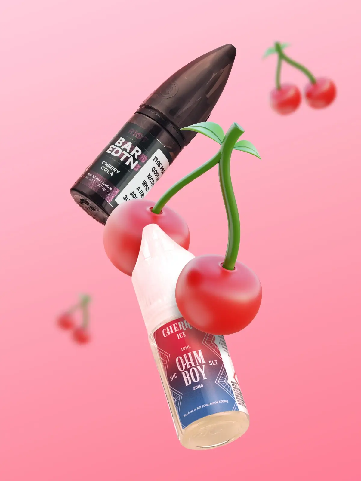 Two bottles of cherry flavoured e-liquid; Ohm Boy Cherry and Riot Bar Edtn Blue Cherry Burst, with some decorative cherries floating in front of a pink background