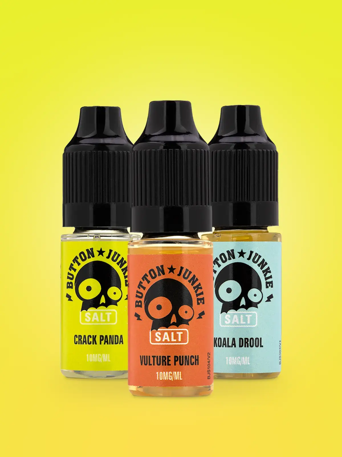 Three bottles of Button Junkie e-liquid; Crack Panda, Vulture Punch and Koala Drool in front of a yellow background