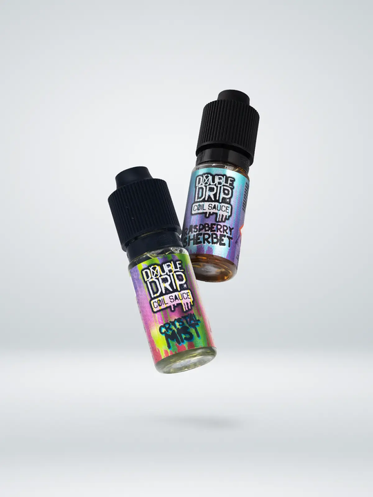 Two Double Drip e-liquids floating side by side on a white background.