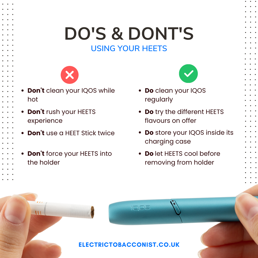 infographic giving pointers on what to do and not when using IQOS HEETS